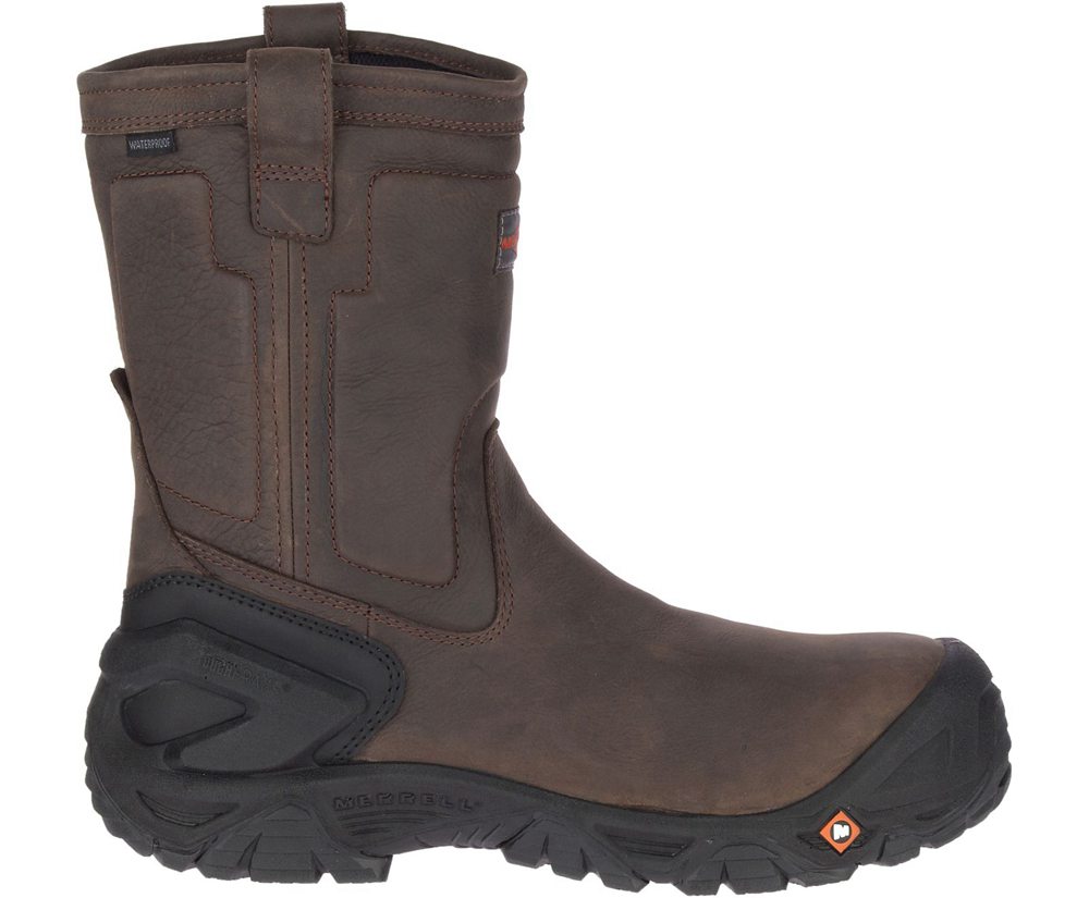 Botas Homem - Merrell Strongfield Couro Pull On Waterproof Comp Toe Wide Width - Marrom - HRO734209